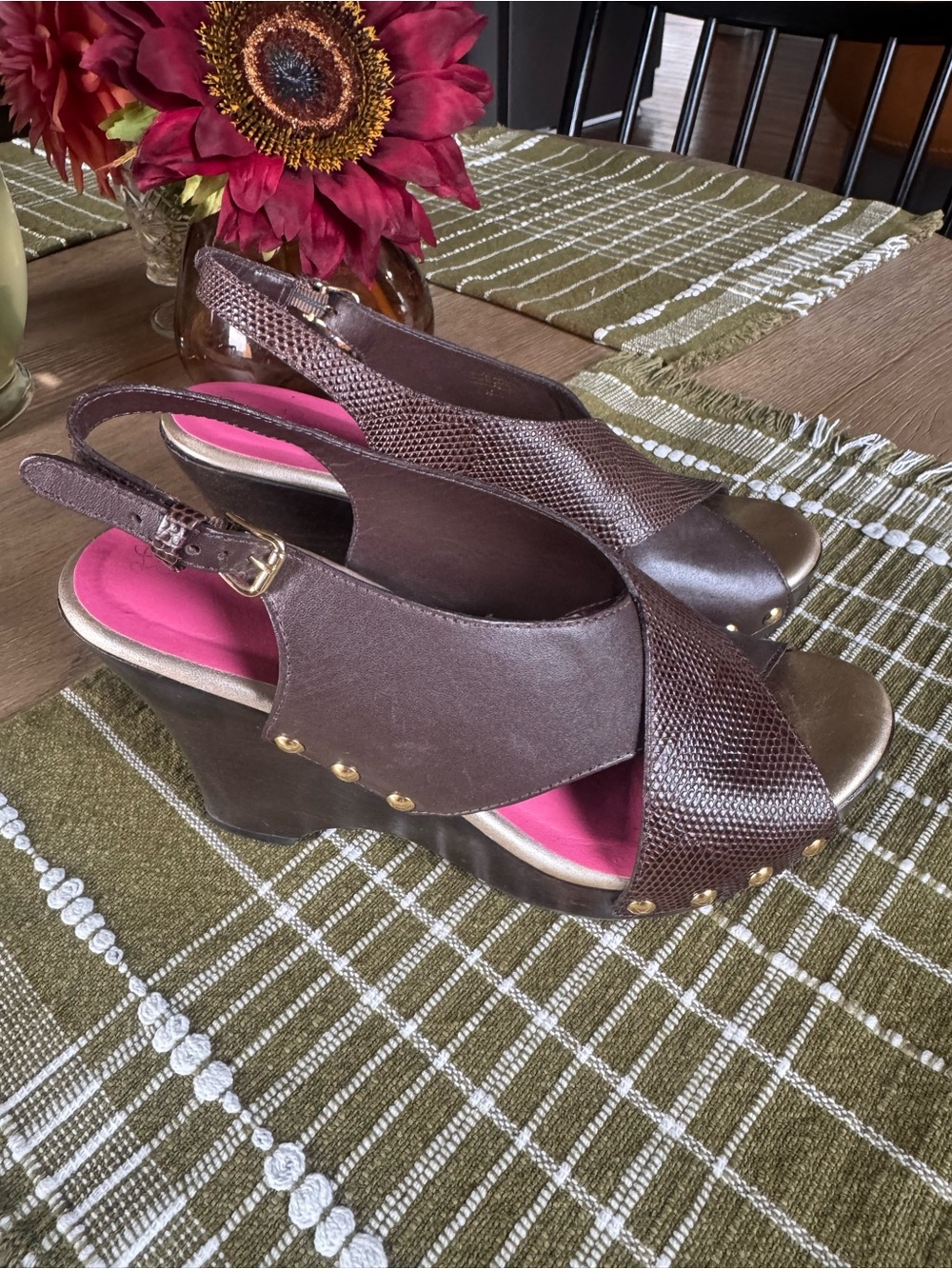 Lilly Pulitzer Calli Brazilian Brown Leather Studded Wedge Sandals Sz 7.5